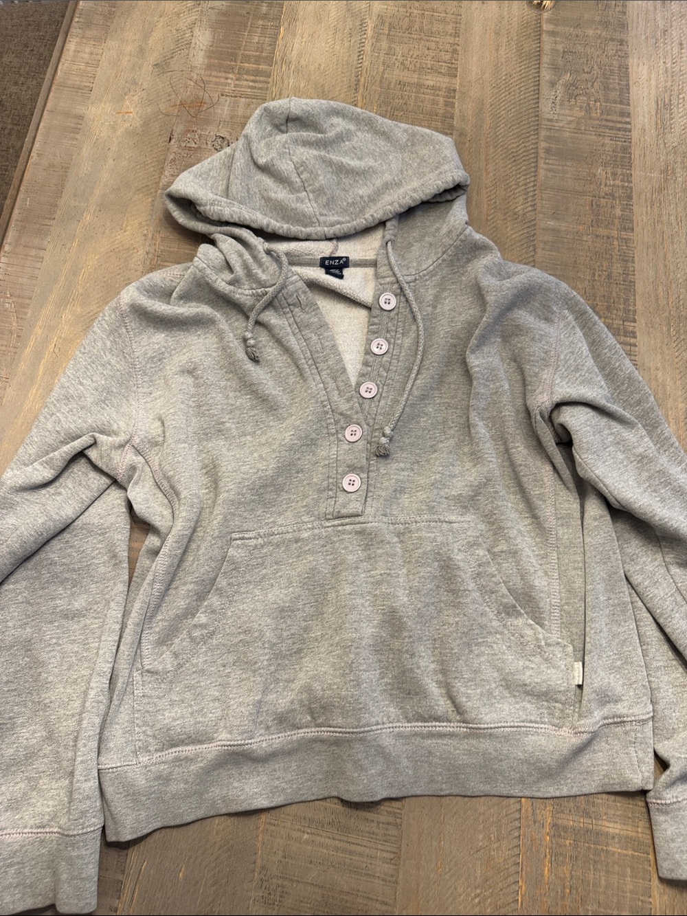 ENZA Lightweight Gray Henley Hoodie Sweatshirt